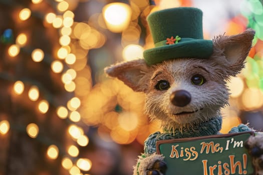 A stuffed animal holding a sign that says kiss me i'm irish