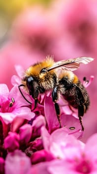 A bee on a pink flower with some purple flowers