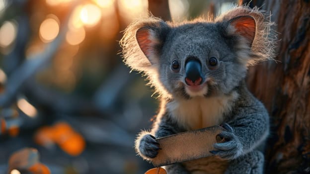 A koala bear holding a sign in its mouth while sitting on the tree