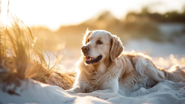 A dog laying on the sand in front of a grassy area