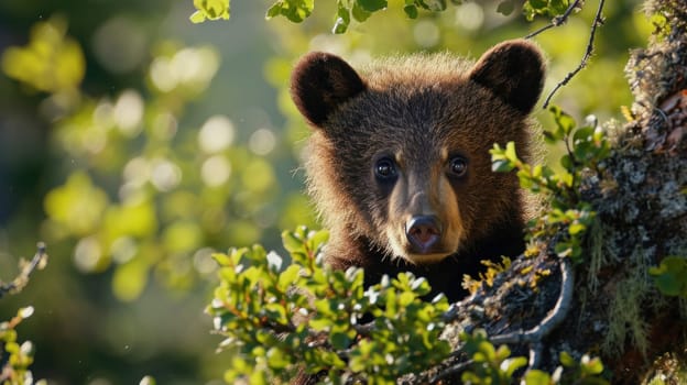 A close up of a brown bear peeking out from behind some leaves