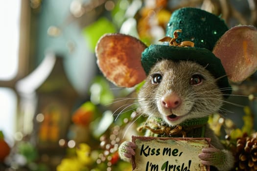 A mouse wearing a green hat holding up a sign