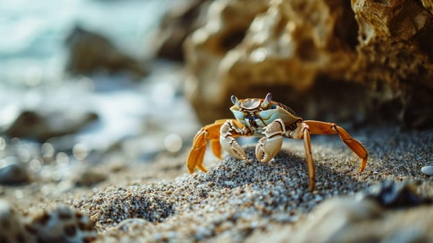 A crab is standing on the sand near a rock