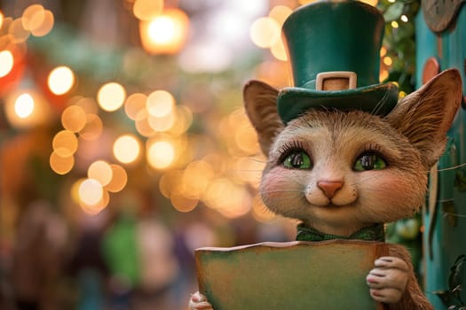 A close up of a cat wearing an irish hat and holding a sign