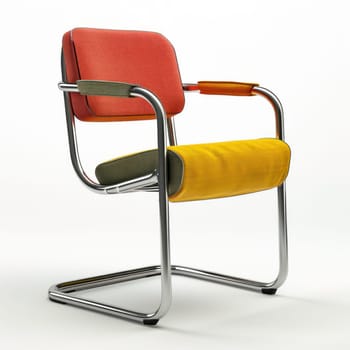 A chair with a metal frame and seat made of fabric