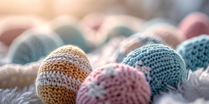 A close up of a bunch of knitted eggs on top of some white fur