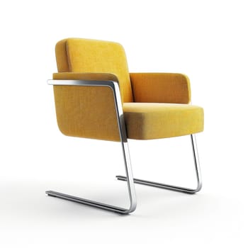 A yellow chair with chrome legs and a white background
