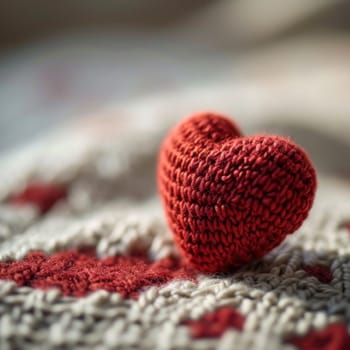 A red heart shaped knitted object on a blanket