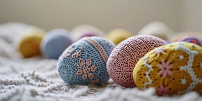 A group of crocheted eggs laying on a blanket in the snow