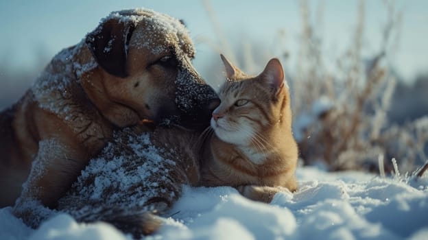 A cat and dog snuggling in the snow together