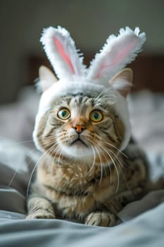 Cute domestic calm, surprised and funny cat in a hat with long rabbit ears, looking at the camera. AI generated.