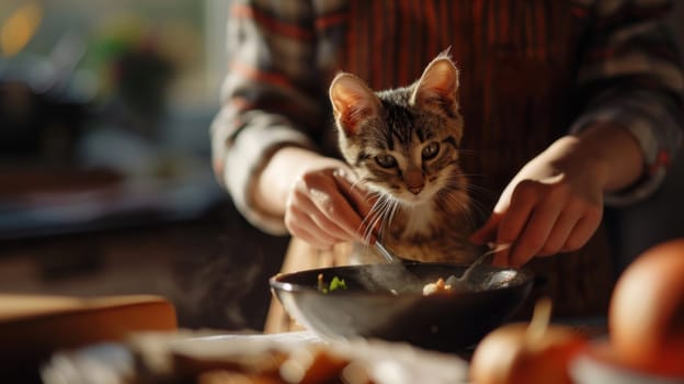 A person holding a cat in their hands while they are cooking