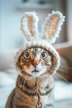 Cute domestic calm, surprised and funny cat in a hat with long rabbit ears, looking at the camera. AI generated.