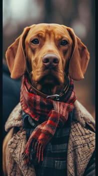 A dog wearing a scarf and coat with brown eyes
