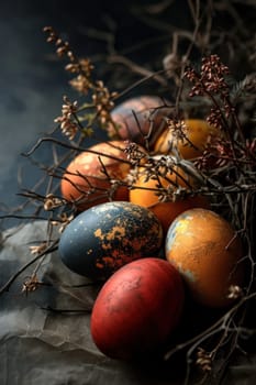 A bunch of eggs are sitting on a table with twigs