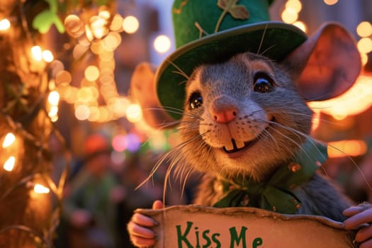 A mouse wearing a green hat and holding up a sign