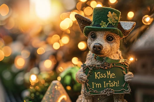 A small dog dressed in a green hat and holding up an irish sign