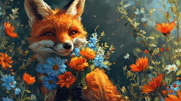 A painting of a fox with flowers in its mouth