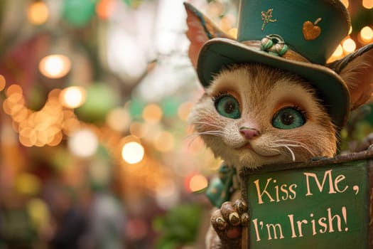 A cat dressed in a top hat and holding up an irish sign