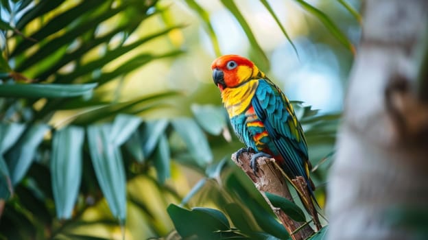 A colorful parrot perched on a branch in the middle of trees