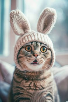 Cute domestic calm, surprised and funny cat in a hat with long rabbit ears, looking at the camera. AI generated.