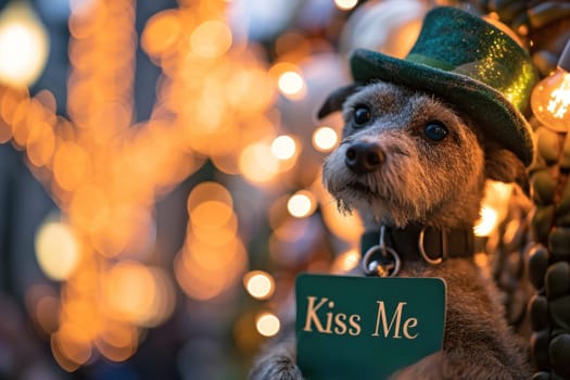 A dog wearing a green hat with the word kiss me on it