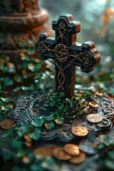 A cross with coins and ivy growing around it on a grave