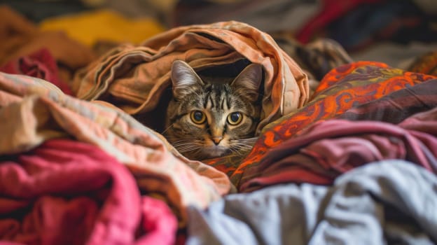 A cat peeking out from under a pile of clothes