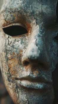 A close up of a broken mask with paint peeling off