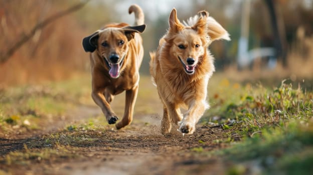 Two dogs running together on a dirt path in the woods