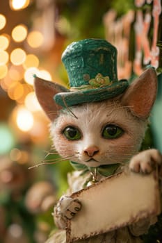 A close up of a cat wearing an unusual hat and holding something