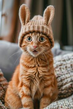 Cute domestic calm, surprised and funny cat in a hat with long rabbit ears, looking at the camera. AI generated.