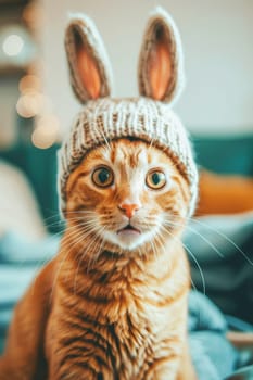 Cute domestic calm, surprised and funny cat in a hat with long rabbit ears, looking at the camera. AI generated.