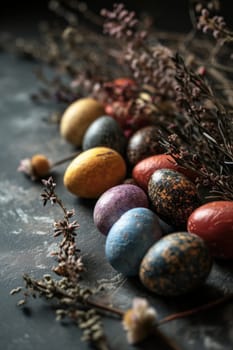 A bunch of colorful eggs are sitting on a table