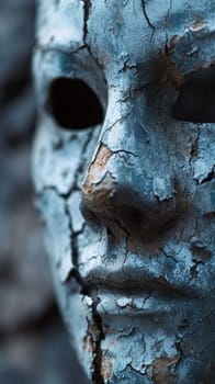 A close up of a blue painted mask with cracks in it
