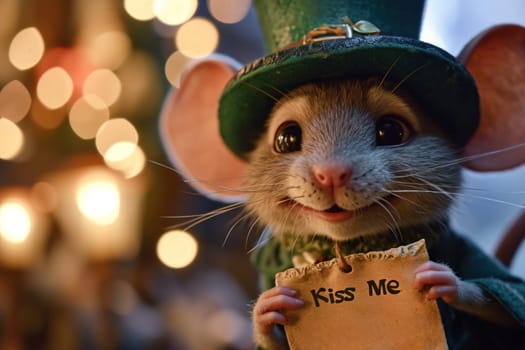 A mouse dressed in a green hat holding up a sign