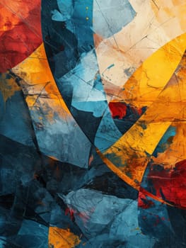 A large abstract painting with a blue, yellow and red color scheme