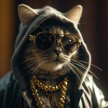 A cat wearing a hoodie and sunglasses with gold chains