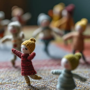 A group of small knitted dolls are on a rug