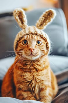 Cute domestic calm, surprised and funny cat in a hat with long rabbit ears, looking at the camera. AI generated.