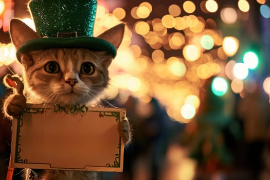 A cat wearing a green hat holding up a sign