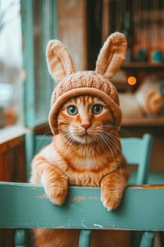 Cute domestic calm, surprised and funny cat in a hat with long rabbit ears, looking at the camera. AI generated.