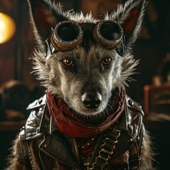 A dog wearing goggles and leather jacket with a dark background