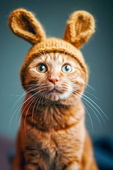 Cute domestic calm, surprised and funny cat in a hat with long rabbit ears, looking at the camera. AI generated.