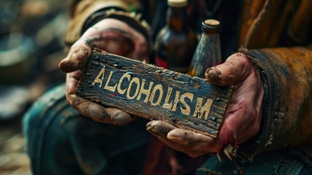 A man holding a sign that says alcoholism