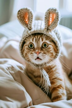 Cute domestic calm, surprised and funny cat in a hat with long rabbit ears, looking at the camera. AI generated.