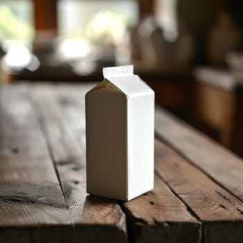 A white milk carton sitting on top of a wooden table