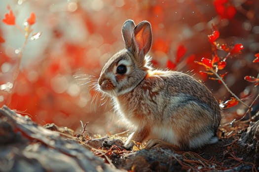 A small rabbit sitting on the ground in front of a tree