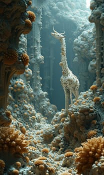 A giraffe standing in a cave surrounded by coral and rocks