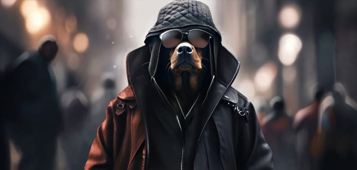 A dog wearing sunglasses and a jacket with hood